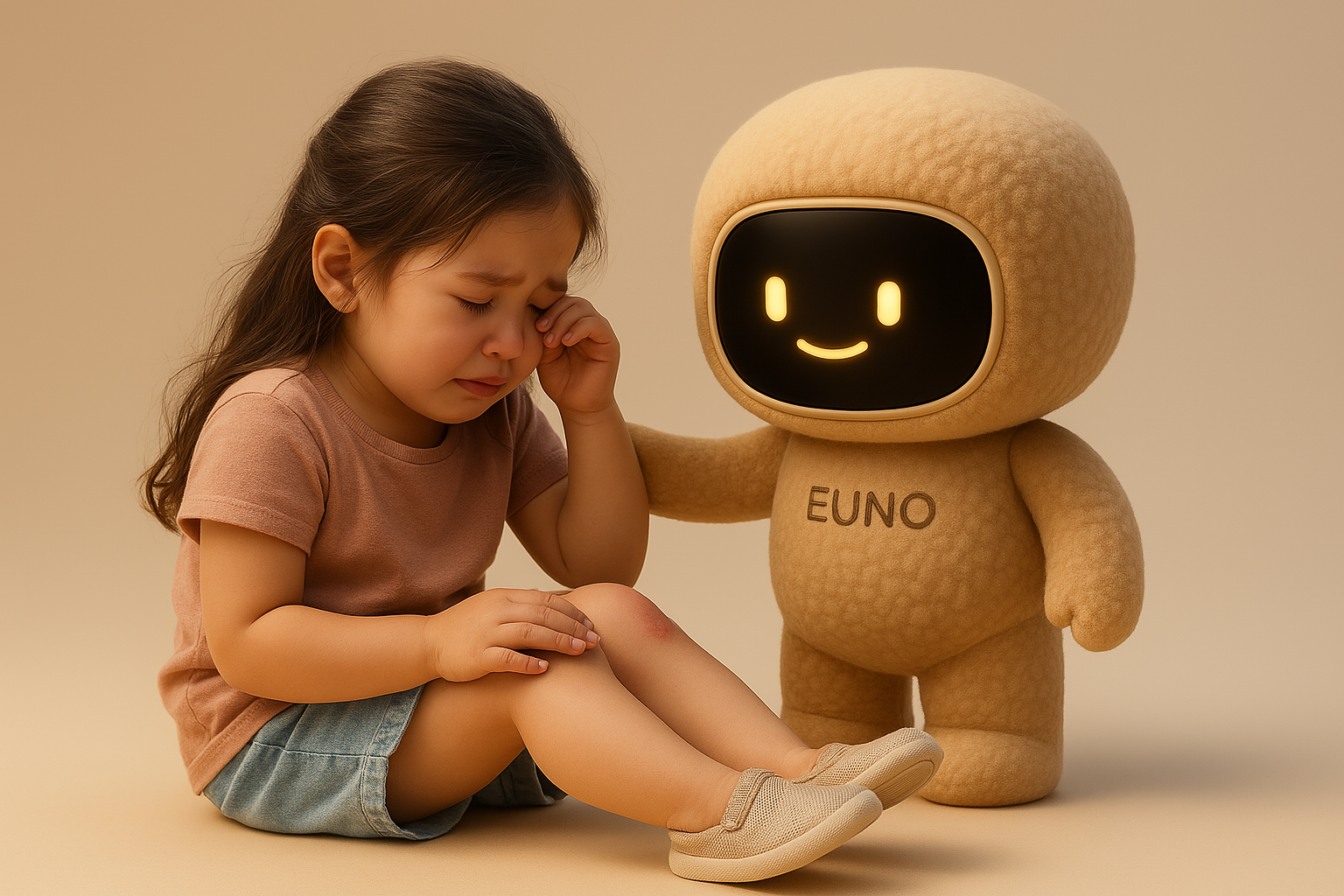 Une enfant en pleurs réconfortée par un Euno