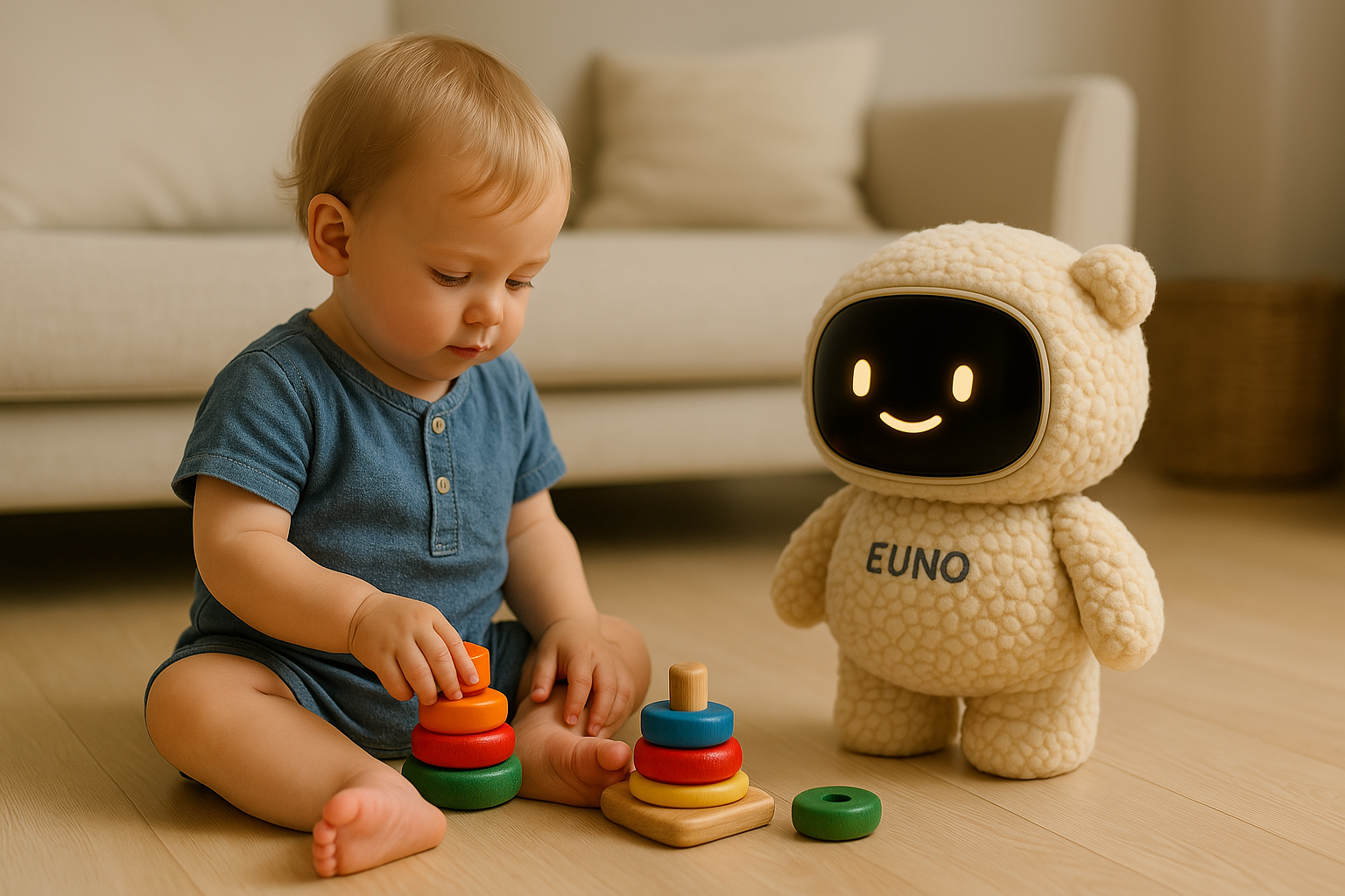 Bébé qui joue à un jeu d'empilement accompagné d'un Euno.