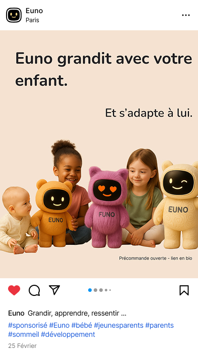 Post instagram pour présenter les bénéfices qu'offrent le robot Euno à l'enfant.